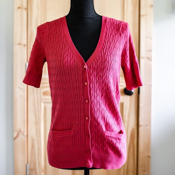 Talbots Pearl Buttons Red Cable Knit Cardigan Pima Cotton Short Sleeve Sz MP - Picture 1 of 10